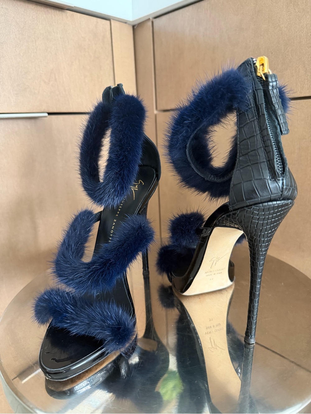 Giuseppe Zanotti Navy Mink fur Strappy High Heels - Women - Picture 4 of 5